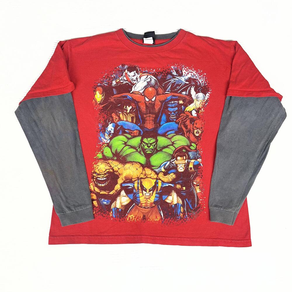Marvel Shirt Boys 16 Red Spider-Man Hulk Graphic Layered Long Sleeve Tee